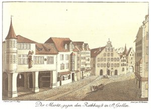 De Markt naar het Stadhuis in St. Gallen (Oorspronkelijke titel) door Johann Conrad Mayr